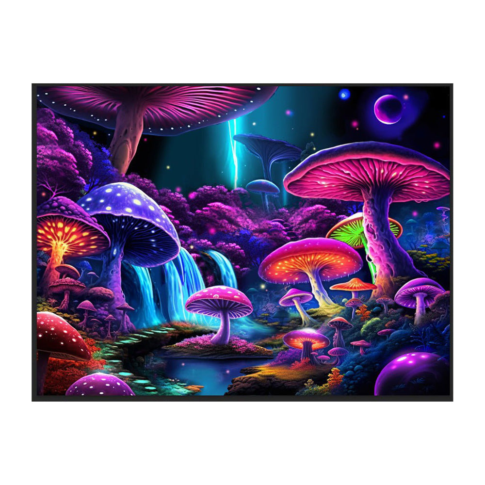 Mushroom World Black Light Reactive Wall Tapestry - 81"x53" - Smoke N’ Poke