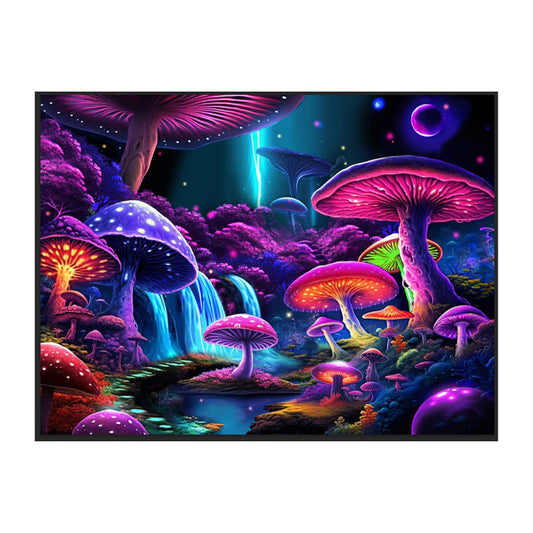 Mushroom World Black Light Reactive Wall Tapestry - 81"x53" - Smoke N’ Poke