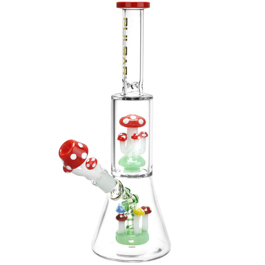 Pulsar Shroom Life Beaker Water Pipe - 11.75" / 14mm F / Red - Smoke N’ Poke