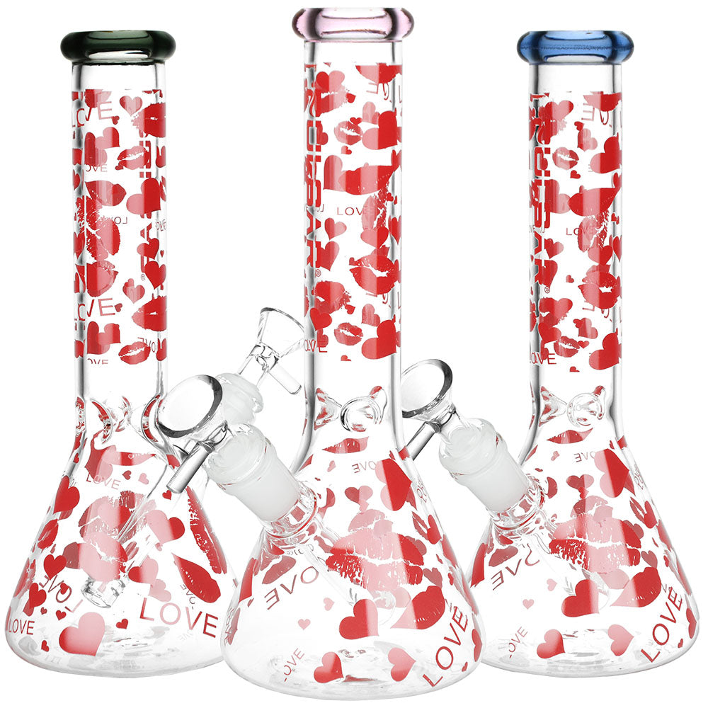 Pulsar Hearts and Kisses Glass Beaker Water Pipe - 9.75" / 14mm F / Colors Vary - Smoke N’ Poke