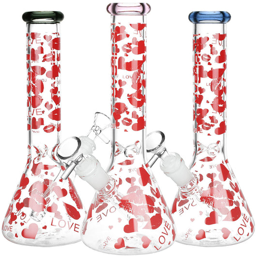 Pulsar Hearts and Kisses Glass Beaker Water Pipe - 9.75" / 14mm F / Colors Vary - Smoke N’ Poke