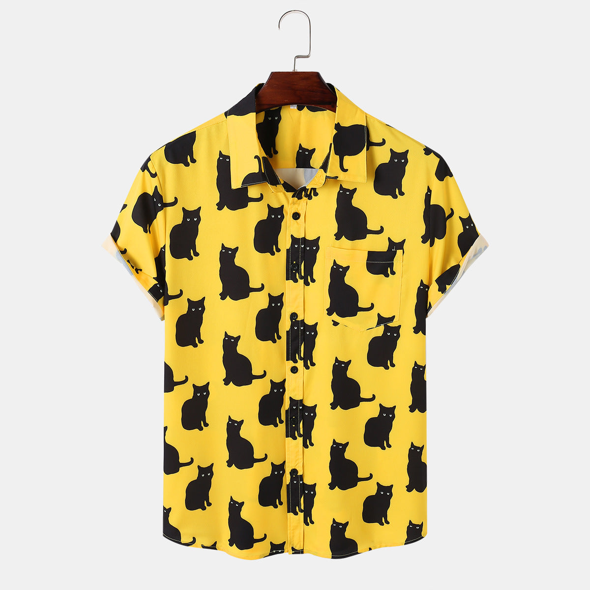 Meow Print Short-sleeved Men's Lapel Shirt