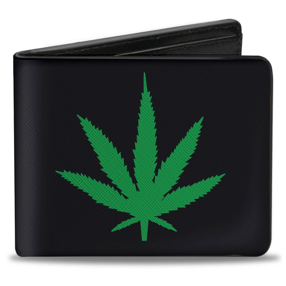 Cartera plegable - Patrón repetido de hojas de marihuana en negro y verde