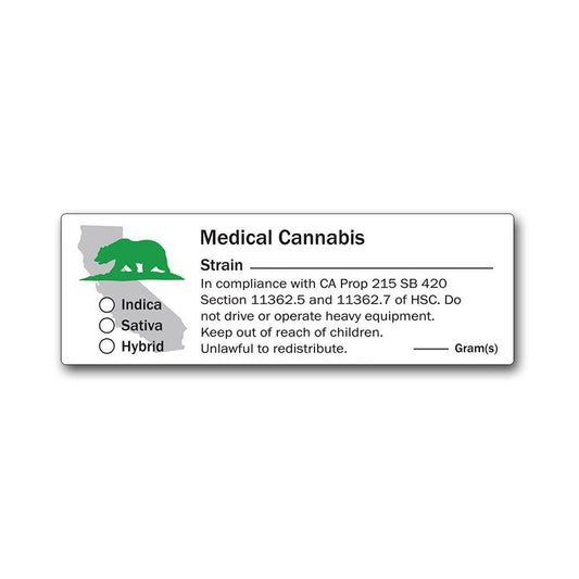 California "STATE" Medical Canna Strain &amp; Gram Label 1" x 3" pulgadas 1000 unidades