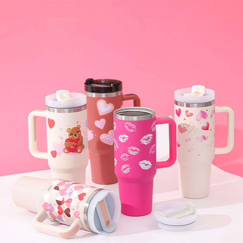 Vaso de 40 onzas con asa aislado con pajita, acero inoxidable a prueba de derrames, taza de café al vacío con tapa, taza cónica, regalos para los amantes de San Valentín, adecuado para el coche, gimnasio, oficina, viajes