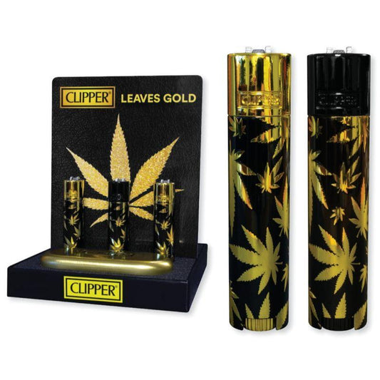 Clipper Lighters Full Metal Gold Leaves With Individual Case - (12 Count Display)