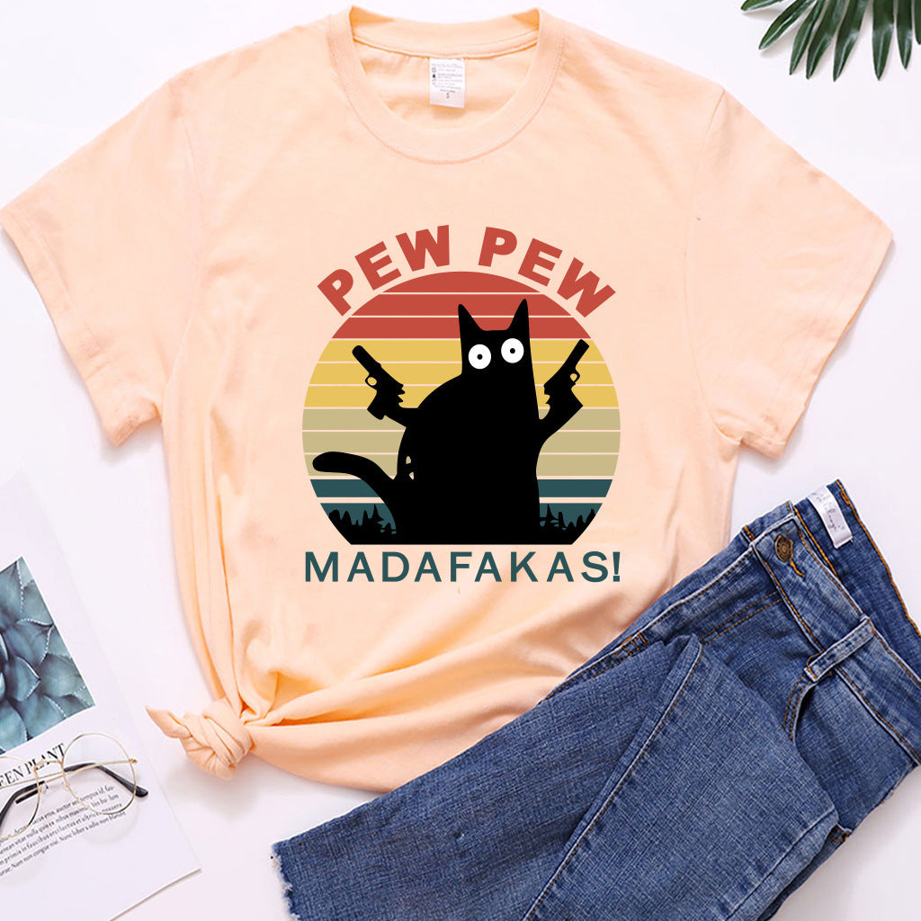 Letter Cat Novelty Print Round Neck T-Shirt Short Sleeve