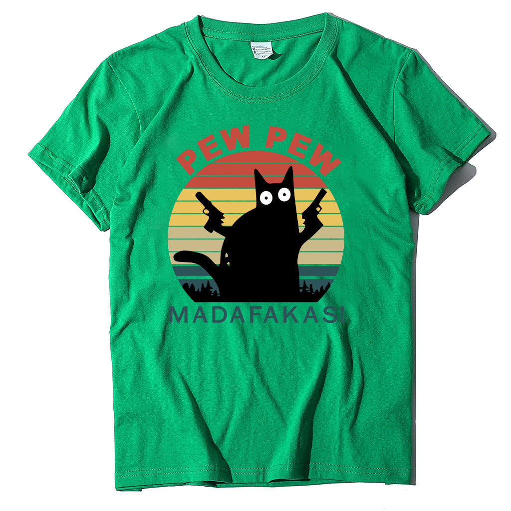 Letter Cat Novelty Print Round Neck T-Shirt Short Sleeve