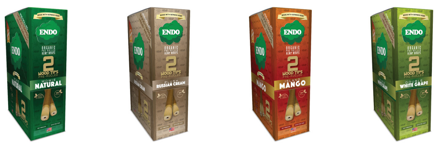 ENDO Organic Hemp Wrap Pre Rolled With Wood Tips 2 Per Pouch - Various Flavors - (15 Count Display)