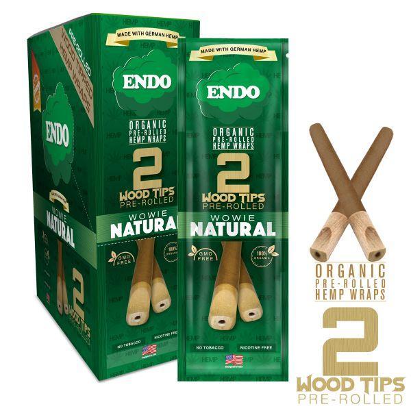 ENDO Organic Hemp Wrap Pre Rolled With Wood Tips 2 Per Pouch - Various Flavors - (15 Count Display)