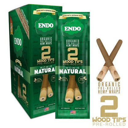 ENDO Organic Hemp Wrap Pre Rolled With Wood Tips 2 Per Pouch - Various Flavors - (15 Count Display)