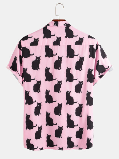 Meow Print Short-sleeved Men's Lapel Shirt