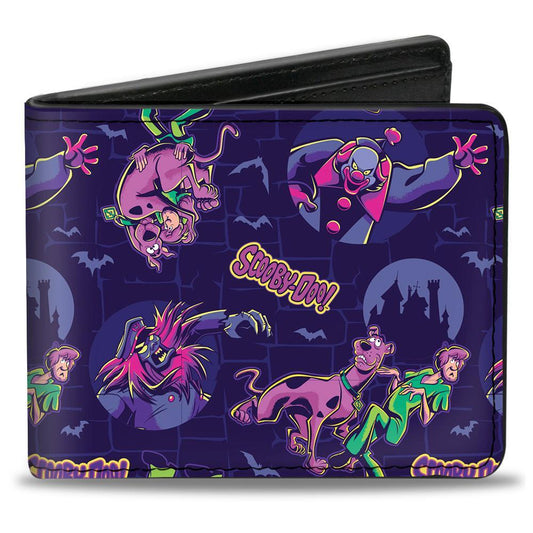 Licensed Bi-Fold Wallet - SCOOBY-DOO and Shaggy with Ghost Clown Poses Scattered Purples