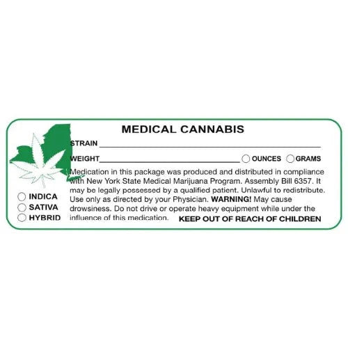 Nueva York "Canna Strain &amp; Weight Label" 1" x 3" pulgadas 1000 unidades