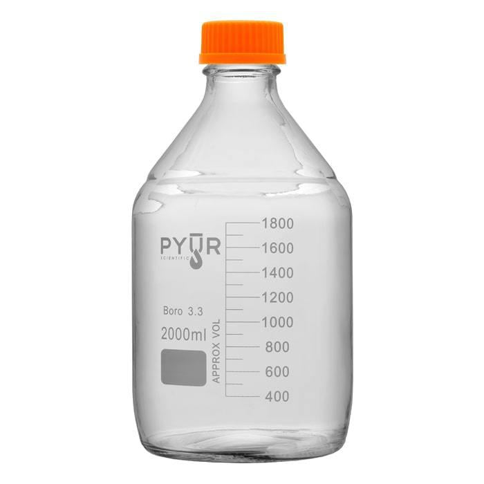 Pyur Botella de almacenamiento de medios reactivos de vaso concentrado de vidrio de 2000 ml, tapa de rosca GL45 (1 unidad) 