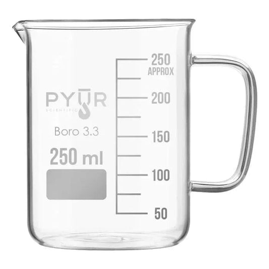 Vaso de concentrado de vidrio Pyur de forma baja con pico y graduaciones con asa - 250 ml - (1 unidad) 