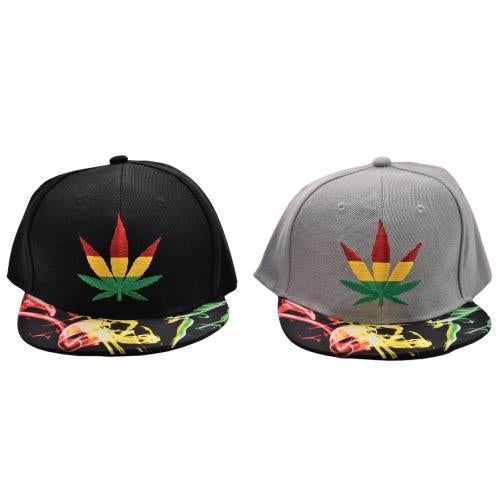 Snap Back Flat Bill - Rasta Leaf & Fume Cap - (1CT, 3CT OR 6 Count)