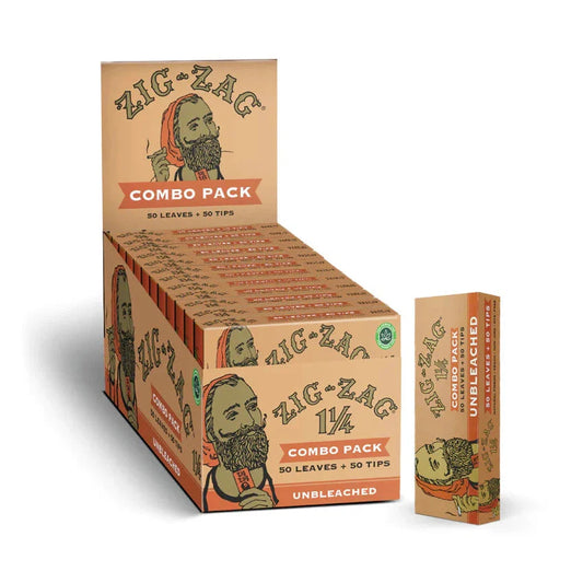 Zig-Zag Combo Pack - 1 1/4 Unbleached Rolling Papers And Tips Carton - (24 Packs Per Display)