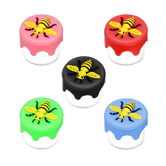 10PC SET - Bee Glass Concentrate Jar w/ Silicone Lid - 7.5mL/Asst - Smoke N’ Poke