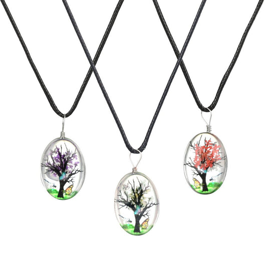 10PC SET - Oval Blooming Tree Glass Pendant Necklace - 20" / Assorted Styles - Smoke N’ Poke