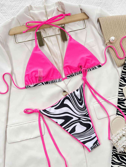 Conjunto de bikini con estampado de cebra y cuello halter con lazo lateral