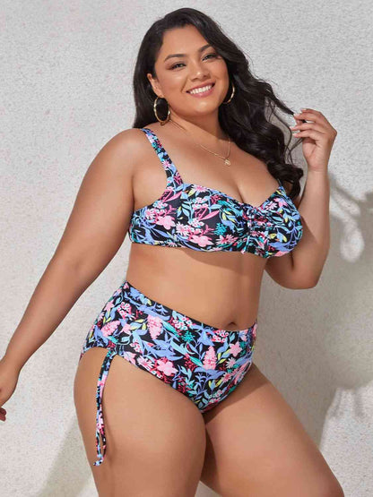 Plus Size Printed Drawstring Detail Bikini Set